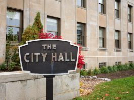 The Peterborough City Hall sign. (Photo: Jordan Lyall / kawarthaNOW)