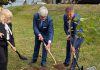 Peterborough County warden Bonnie Clark, Ukraine's ambassador to Canada Andrii Plakhotniuk, and Drohobych mayor Taras Kuchma plant a commemorative white birch representing friendship and cooperation outside the Peterborough County Courthouse on October 14, 2026 following the signing of a twinning agreement between Peterborough County and the western Ukraine municipality, which includes the cities of Drohobych and Stebnyk along with 32 villages. (Photo: Peterborough County)