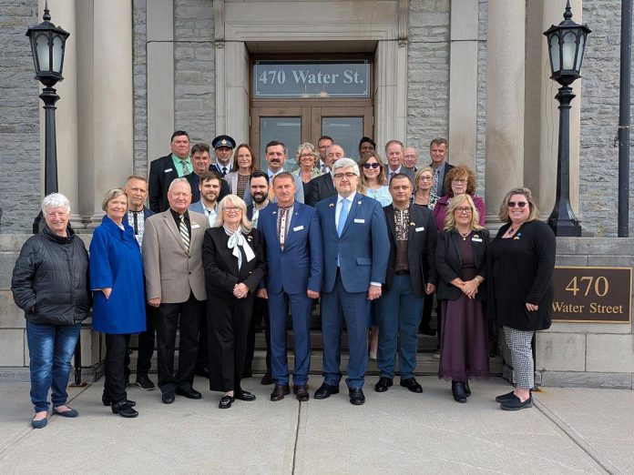 Peterborough County warden Bonnie Clark, Drohobych mayor Taras Kuchma, and Ukraine's ambassador to Canada Andrii Plakhotniuk (front row, centre) and members of Peterborough County council outside the Peterborough County Courthouse on October 14, 2026 following the signing of a twinning agreement between Peterborough County and the western Ukraine municipality, which includes the cities of Drohobych and Stebnyk along with 32 villages. (Photo: Peterborough County)