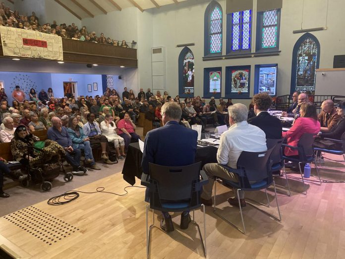 Peterborough's seven mayoral candidates attended a community discussion at New Canadians Centre on October 7, 2026, with around 250 people in the audience and another 200 online. (Photo: Paul Rellinger / kawarthaNOW) Peterborough's seven mayoral candidates attended a community discussion at New Canadians Centre on October 7, 2026, with around 250 people in the audience and another 200 online. (Photo: Paul Rellinger / kawarthaNOW)