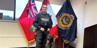 Peterborough police service dog Gryphon with his handler, constable Dillon Wentworth. Gryphon, who was officially sworn in on March 2, 2022, died on September 30, 2026 at around the age of six following unexpected medical issues. (Photo: Peterborough Police Service)
