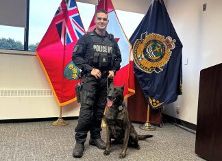 Peterborough police mourn death of service dog Gryphon at age six Peterborough police service dog Gryphon with his handler, constable Dillon Wentworth. Gryphon, who was officially sworn in on March 2, 2022, died on September 30, 2026 at around the age of six following unexpected medical issues. (Photo: Peterborough Police Service)