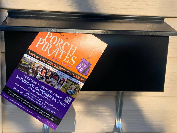Volunteers with Kawartha Food Share are delivering flyers to homes across the City of Peterborough in advance of this year's "Porch Pirates for Good" fall food drive on October 24, 2026. Residents are asked to leave a bag or box of non-perishable food items on their front porch by 9 a.m. on Saturday morning. Attach the flyer to the donation or otherwise mark it so volunteers collecting the donation can easily spot it from the street. (Photo: Kawartha Food Share / Facebook)