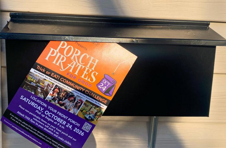 Volunteers with Kawartha Food Share are delivering flyers to homes across the City of Peterborough in advance of this year's "Porch Pirates for Good" fall food drive on October 24, 2026. Residents are asked to leave a bag or box of non-perishable food items on their front porch by 9 a.m. on Saturday morning. Attach the flyer to the donation or otherwise mark it so volunteers collecting the donation can easily spot it from the street. (Photo: Kawartha Food Share / Facebook)