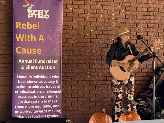 Joslynn Burford performing at the Elizabeth Fry Society of Peterborough's 2025 "Rebel with a Cause" annual fundraising event honouring individuals who have shown advocacy and action in the community. Burford will return to perform at the 2026 event on Wednesday, October 28 at the McDonnel Street Community Centre, which will honour Dan Hughes, Jordanne McLaren, Chrysalis Outreach Midwives, and Wild Rock Outfitters. (Photo courtesy of Elizabeth Fry Society of Peterborough)
