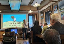 Melanie Buddle, board chair for the ReFrame Film Festival, speaks during a preview and donor appreciation event held at Ashburnham Ale House in Peterborough on October 18, 2026. During the event, donors, supports, and volunteers welcomed new creative director Ryan Barnett, saw a preview of films that will be featured during the 2027 festival, and learned more about the recently updated strategic plan, which is focused on ensuring the festival's sustainability. (Photo: Megan Gallant / kawarthaNOW)