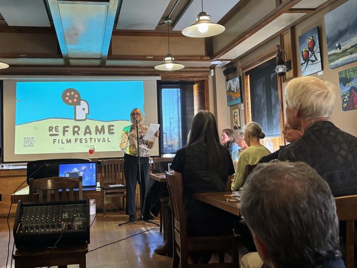 Melanie Buddle, board chair for the ReFrame Film Festival, speaks during a preview and donor appreciation event held at Ashburnham Ale House in Peterborough on October 18, 2026. During the event, donors, supports, and volunteers welcomed new creative director Ryan Barnett, saw a preview of films that will be featured during the 2027 festival, and learned more about the recently updated strategic plan, which is focused on ensuring the festival's sustainability. (Photo: Megan Gallant / kawarthaNOW)