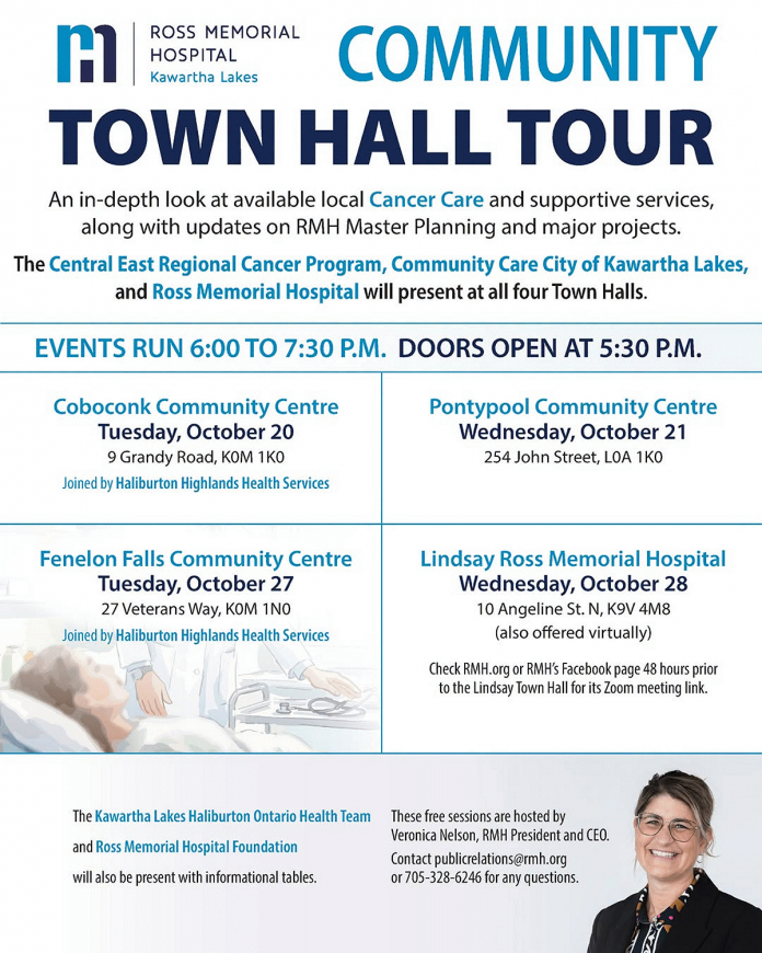 The schedule of community town halls in Kawartha Lakes hosted by Ross Memorial Hospital in Lindsay. (Graphic: Ross Memorial Hospital)