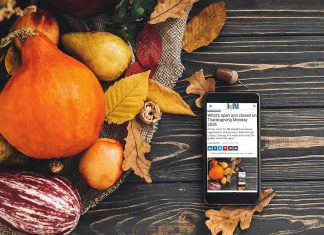 What’s open and closed on Thanksgiving Monday 2026 A smartphone sitting on a harvest table covered with squash and fall leaves displaying kawarthaNOW's Thanksgiving Monday 2026 holiday hours story. (kawarthaNOW photo)