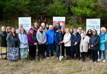 Representatives from the Trillium Lakelands District School Board (TLDSB) along with Haliburton–Kawartha Lakes–Brock MPP Laurie Scott, outgoing Minden Hills mayor Bob Carter, Oshkaabewis Dave Rice from Wasauksing First Nation, school board trustees, and more attended a groundbreaking ceremony on October 30, 2026 for a new new Outdoor Education and Indigenous Centre at its future location in Minden. (Photo: TLDSB)