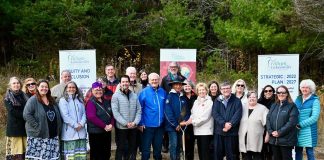 Representatives from the Trillium Lakelands District School Board (TLDSB) along with Haliburton–Kawartha Lakes–Brock MPP Laurie Scott, outgoing Minden Hills mayor Bob Carter, Oshkaabewis Dave Rice from Wasauksing First Nation, school board trustees, and more attended a groundbreaking ceremony on October 30, 2026 for a new new Outdoor Education and Indigenous Centre at its future location in Minden. (Photo: TLDSB)